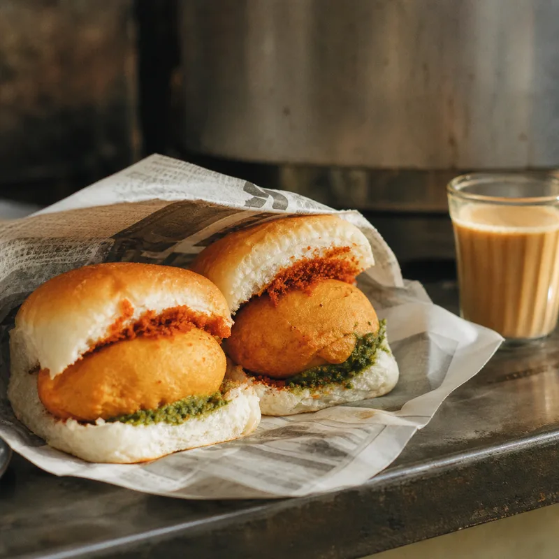 街角のワダ・パウ（Vada Pav Stalls）のイメージ（AI生成）